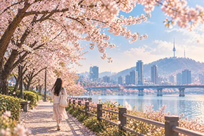 Con đường hoa anh đào ven sông ở Seoul, xa xa là tháp Namsan